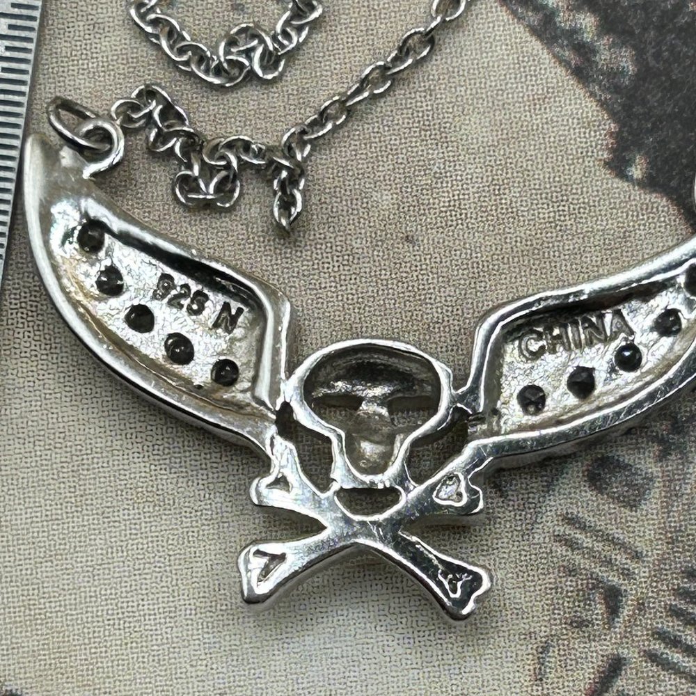 Sterling Silver Skull Necklace With CZ Stones - Picture 4 of 8